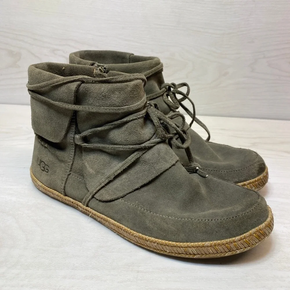 UGG Womens 9 Moccasin Ankle Boots Suede Lace Up Green Suede Sheepskin 1019129